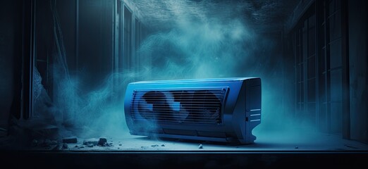 A blue air conditioner releasing steam through its vents.