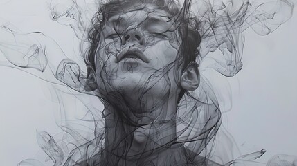 Fototapeta premium Abstract depiction of a person's face with swirling lines and smoke effects. Digital art portrait for creative design and print.