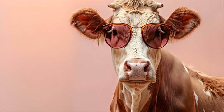 Cow wearing sunglasses in front of pink background humorous and quirky. Concept Humorous photography, Animal fashion, Quirky portraits, Fun props