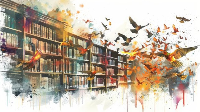 A watercolor of an old library where books morph into birds, symbolizing the freedom found in knowledge, Clipart isolated on white