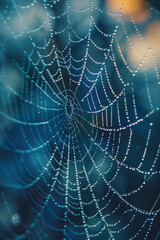Close-up of a spider web covered in morning dew, highlighting the intricate patterns and delicate texture of the silk. 