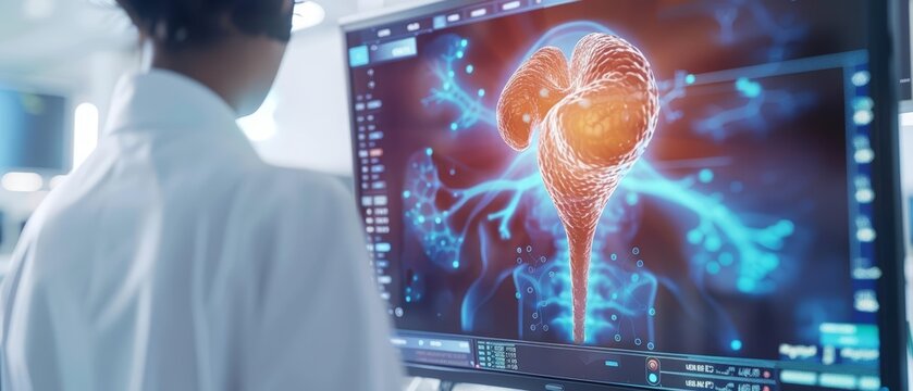 Amazing of endocrinology with Glow HUD big Icon of hormone secretion, capturing an endocrinologist monitoring gland functions, with classic styles, blur background of an exam room