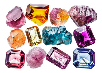 Colorful collection of assorted crystals, cut out - stock png.