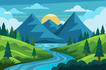 ature scenes with river,  hills, forests and mountain landscape vector illustration 