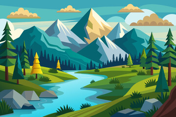 ature scenes with river,  hills, forests and mountain landscape vector illustration 