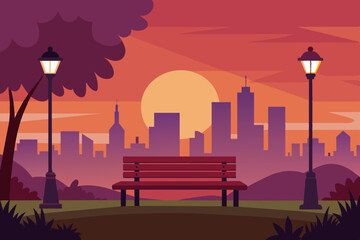  A peaceful scene of a city park at sunset, with a wooden bench facing a street lamp and the skyline landscape vector illustration