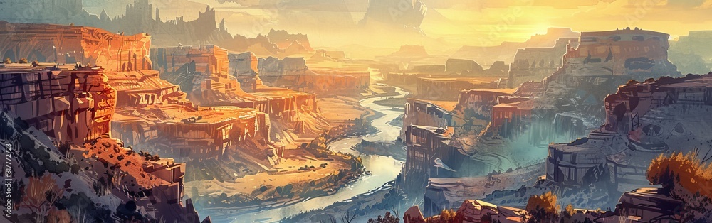 Poster a desert landscape with a river running through it. the sky is orange and the sun is setting
