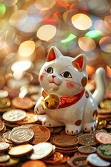cat figurines on gold coins. selective focus
