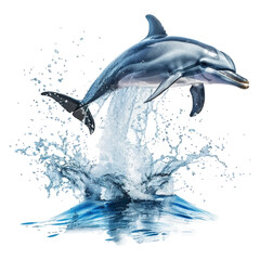 Isolated dolphin jumping on water splashes on white background.