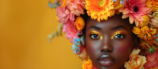 Floral spring concept of fresh spring bright flowers on the face and body of a young dark-skinned attractive girl on a yellow background. Abstract portrait.