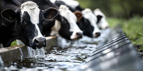 Cows drinking fresh water from solarpowered trough content and hydrated. Concept Animal welfare, Renewable energy, Sustainable farming, Hydration, Agriculture