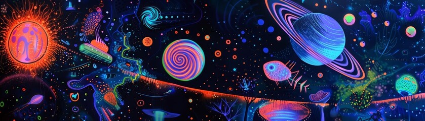 An enigmatic artist creates a groundbreaking exhibition, using neon colors to depict avantgarde concepts of spaceage exploration in a visionary art form