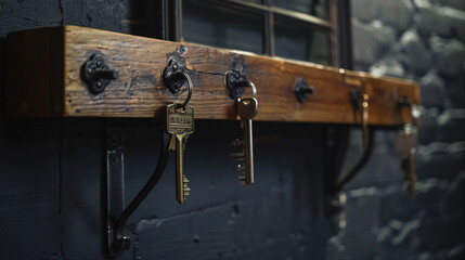 Shelf with keys hanging on dark wall closeup