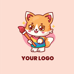 Cartoon fox holding a brush in his hand mascot logo