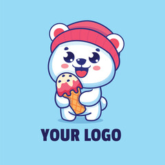 Cute polar bear wearing a hat holding ice cream mascot logo