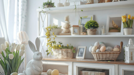 Shelving unit table and Easter decorations in interior