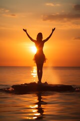 Beach yoga session at sunrise selective focus, mindfulness ethereal Overlay sunrise horizon