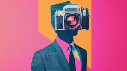 Fototapeta premium Fasion collage style artwork of man in suit with retro photocamera head, abstract background