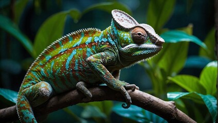 Fototapeta premium Exotic chameleon of vibrant colors and striking patterns formed by network of unique scales amidst green lush jungles