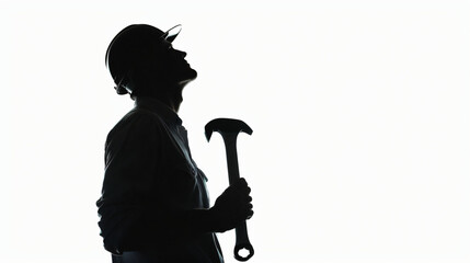 Silhouette of male worker with wrench on white background