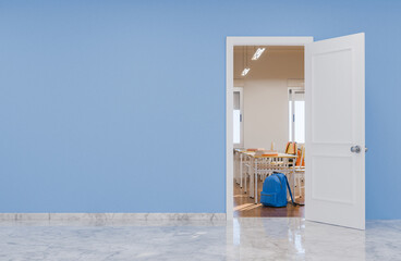 Open door to classroom with desks and backpacks, blue wall and copy space