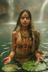 Wunderschöne Frau, traditionelle Kleidung, praktiziert Achtsamkeit im Wasser, inmitten von wunderschönen Lotus- und Wasserpflanzen, Stimmung der Achtsamkeit, Meditation und Entspannung des Geistes.