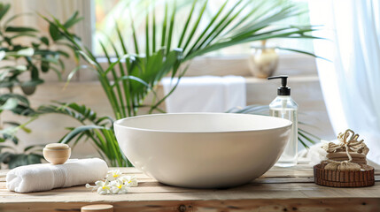 Sink bowl and bath accessories on table in bathroom closeup