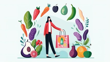 A woman is walking with a shopping bag full of fruits and vegetables. She is surrounded by healthy food options. The illustration is in a flat style.