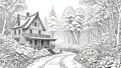 beautiful cottage illustration for coloring book, coloring book, ai generated