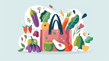 Naklejka premium illustrate a grocery bag with fruits and vegetables. the bag should be pink and placed in the center of the image. the produce should be colorful and placed around the bag.