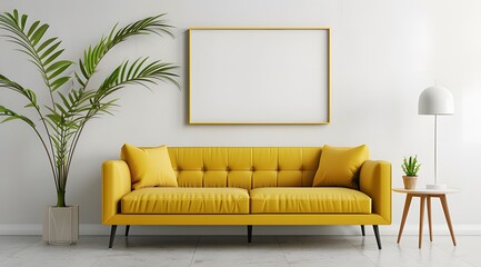 A yellow sofa in front of an empty white frame on the wall, interior design of modern living room ai generative