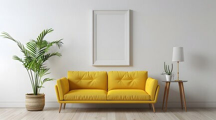 A yellow sofa in front of an empty white frame on the wall, interior design of modern living room ai generative