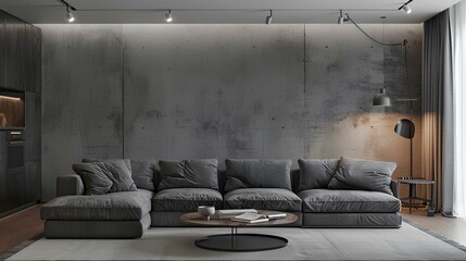 living interior with sofa,  Interior design of a modern living room in a small studio apartment Gray sofa and concrete wall in Scandinavian loft style
