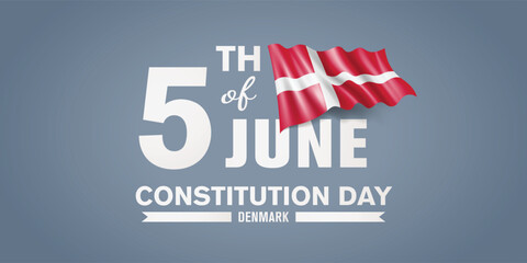 Denmark happy constitution day greeting card, banner with template text vector illustration. Danish memorial holiday 5th of June design element with 3D flag with crescent