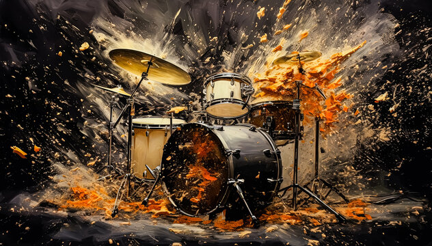 A drum set is shown with a lot of debris and dust