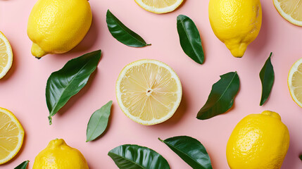 Slices of fresh lemons and leaves on color background