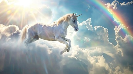 a rainbow between the clouds and a white unicorn galloping along it.
