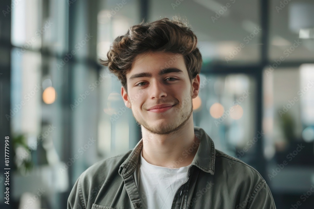 Wall mural serious yet smiling 23-year-old man in professional waist-up portrait with blurred office windows ba