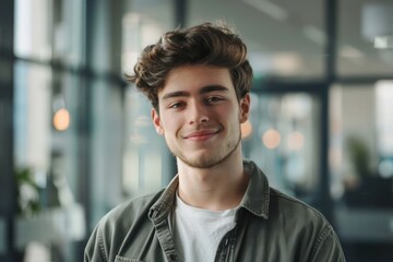 Serious Yet Smiling 23-Year-Old Man in Professional Waist-Up Portrait with Blurred Office Windows Background, Works at Ad Agency