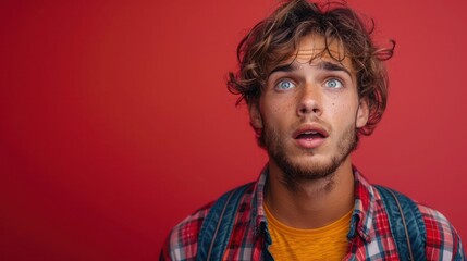 Captivating Website Graphic: Handsome 18-Year-Old Man Displays Genuine Surprise, Quirky Pose, Vibrant Red Background Enhances Visual Impact