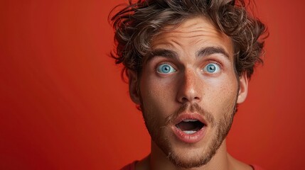 Eye-Catching Banner Graphic: Surprised 18-Year-Old Man in Lively Pose, Genuine Expression, Vibrant Red Background Adds Excitement