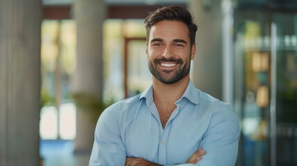 Confident Man in Business-Casual Attire, Arms Crossed, Warm Smile, Bright Eyes, Olive Skin, Blurred Modern Office Background