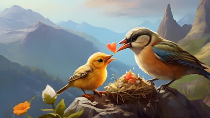 a pair of birds in the mountains
