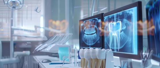 Multiple holographic displays show dental structure crosssections in a dentists office, merging technology and healthcare, sharpening banner template with copy space on center