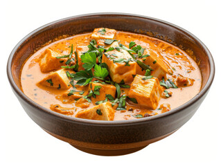 A bowl of food with a creamy red sauce and a garnish of parsley