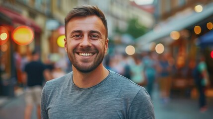 Handsome Brunette Man's Selfie, Smiling in T-Shirt on Lively City Street, Blurred Background Highlights Central Figure, Natural Lighting