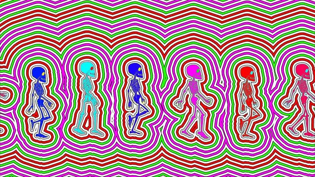 Seamless animation psychedelic walking skulls painted drawn style cartoon. Hypnotic Halloween background with wave with marker stroke effect 