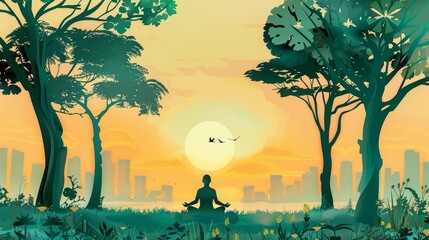 Paper art style of a serene yoga session in a sunlit park, captured in cyberpunk 80s color, illustration template