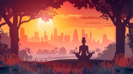 Paper art style of a serene yoga session in a sunlit park, captured in cyberpunk 80s color, illustration template
