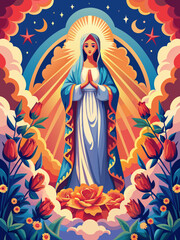 Vibrant Illustration of Saintly Figure Surrounded by Flowers and Stars. Assumption of the Blessed Virgin Mary